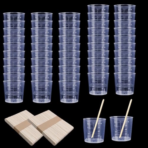 50 Pack 2 Ounce Epoxy Mixing Cups 60 ml Transparent Scale Cups, with 100 Pieces Wooden Stirring Sticks for Resin, Epoxy, Stain, Mixing Paint