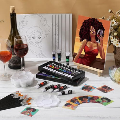 Cholemy 36 Pcs Paint and Sip Kit Gift for Adults 8''x10'',Fashion Women | Pre Drawn Canvas, Painting DIY Afro Acrylic Painting Kit, Wood Easel Brushes, Date Night Bulk, Summer Halloween Party - style: Fashion Women