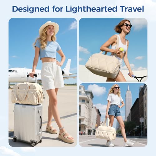 Women's Duffle Gym Bag, Carry-On Shoe Compartment for Weekender Overnight - color: Beige, size: Medium