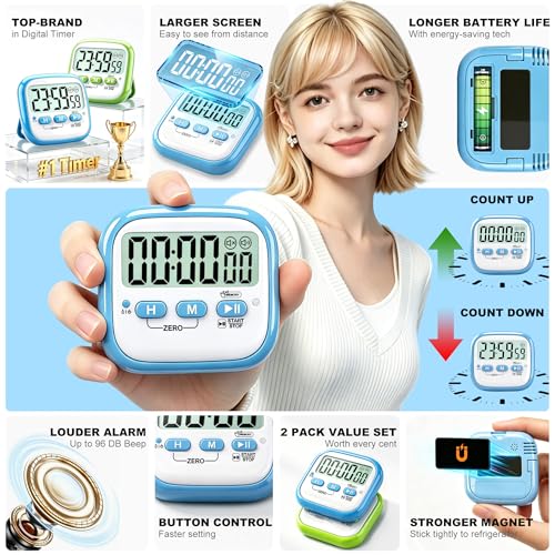 Antonki 2 Pack Classroom Timers for Kids Teachers, Magnetic Countdown Digital Kitchen Timer for Cooking, Study, Exercise, Games, Time Mangement - Loud/Silent Mode - Battery Included - color: 2* Sky Blue & Green ( Classic Pair )