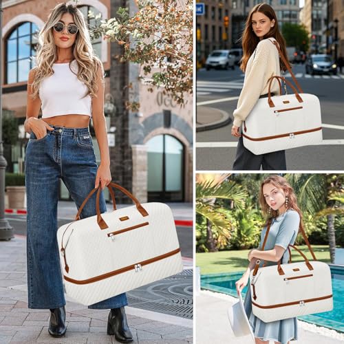 ITIEZY Weekender Bag for Women 21.5" Travel Duffel Large Carry On Bag 3PCS | Nylon Duffel Bag with Waterproof Shoe Compartment, Crossbody Bag and Toiletry Bag, Travel Weekend Hospital Overnight Gym Bag - color: 9a-Beige