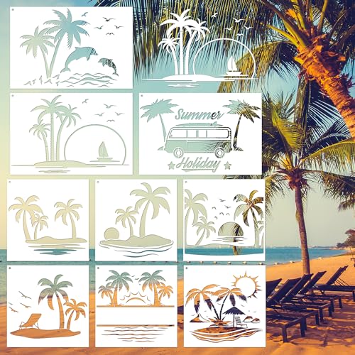 Keluna Palm Tree Stencils for Painting - 9 Pcs Large Reusable Beach Summer Holiday Stencils for Painting on Wood, Wood Burning Template - style: beach