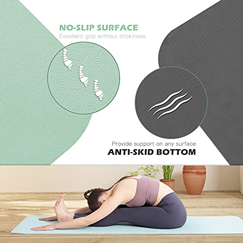 Yoga Mat Non Slip, Pilates Fitness Mats, Eco Friendly, Anti-Tear 1/4" Thick Yoga Mats for Women, Exercise Mats for Home Workout with Carrying Sling and Storage Bag - color: Matcha Green & Gray