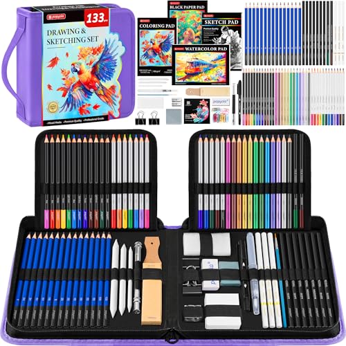 133 Pack Drawing Set Sketching Kit, Pro Art Supplies Sketch Pencils Set | with Sketch Book, Coloring Book, Watercolor Pad, Black Paper Pad, Graphite Colored Charcoal Watercolor & Metallic Pencils - color: Purple, size: 133 Pack