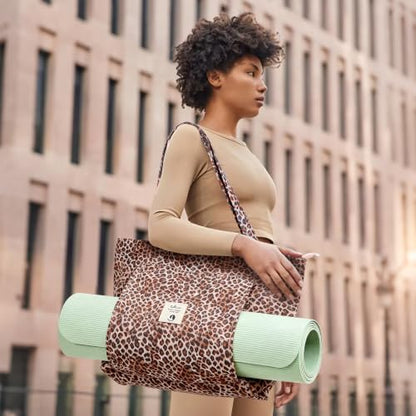 WLLWOO Yoga Mat Carrier Bag for Women Canvas Carryall Tote Gym Pilates | Large Holder Zipper Shoulder for Beach Travel Workout Fitness Office - color: Brown Leopard