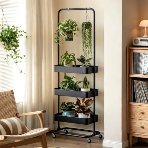 Tall 3 Tier Rolling Cart, Metal Storage Rack with Wheels for Indoor Spaces - color: Black, size: 14.56"D x 23.22"W x 68.89"H