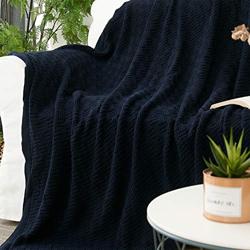 Longhui bedding Large 100% Cotton Navy Blue Cable Knit Throw Blanket for Couch Sofa Bed with Bonus Laundering Bag – 60 x 80 Inches, 3.4 LB, Dark Navy, Machine Washable - color: Navy Blue, Stripe Pattern, size: 60"x80"