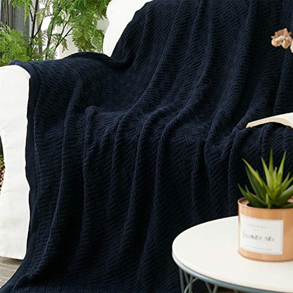 Longhui bedding Large 100% Cotton Navy Blue Cable Knit Throw Blanket for Couch Sofa Bed with Bonus Laundering Bag – 60 x 80 Inches, 3.4 LB, Dark Navy, Machine Washable - color: Navy Blue, Stripe Pattern, size: 60"x80"