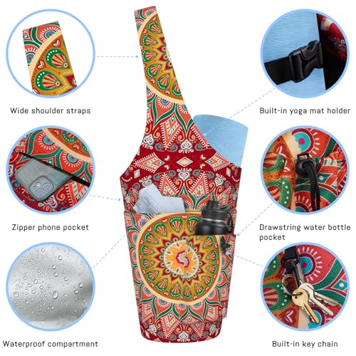 Mandala Yoga Mat Bag with Large Waterproof Zipper Pocket and Drawstring Pocket Long Tote Yoga Mat Carrier Holder Bags Fit Most Size Mats - color: Red