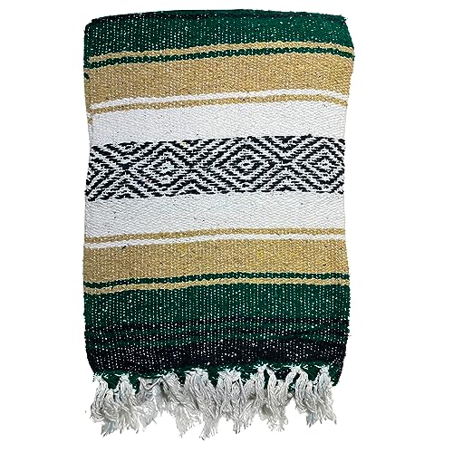 Genuine Oversized Artisan Mexican Falsa blanket (72inx48in) -Authentic Handcrafted Yoga Blanket, Beach Throw, Camping Essential, Picnic Mat, or Outdoor Wrap - color: Green Beige