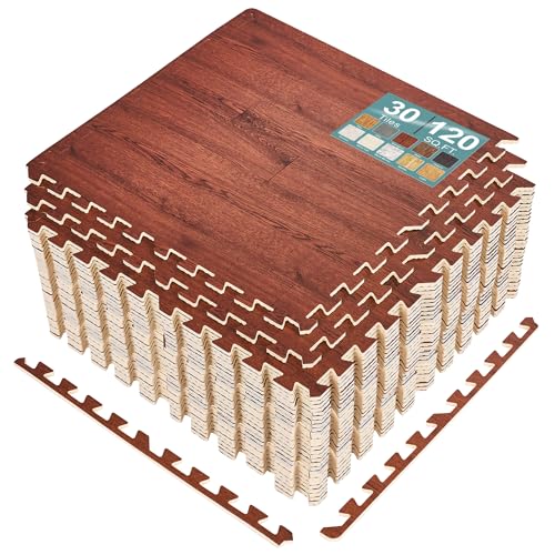 Sorbus Interlocking Wood Grain Foam Floor Tiles (30 Pack, Mahogany) | 3/8-inch EVA floor mats with borders suit playrooms, basements and home gyms, plus trade show flooring and dance areas. - color: Wood Grain - Mahogany, size: 30 Pack