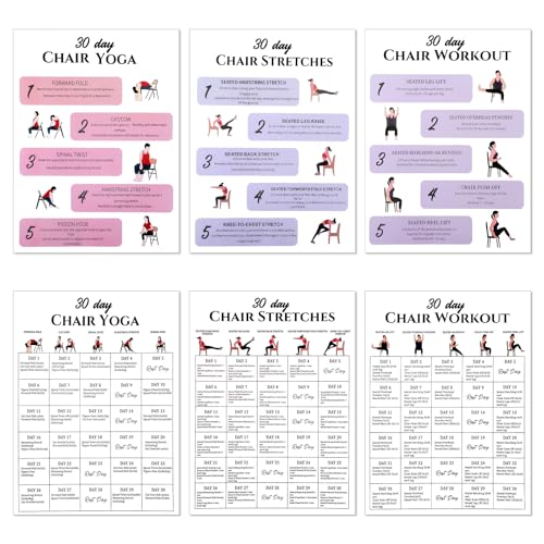 Amaxiu 6 Pack Chair Yoga Chart for Seniors Or Beginners - 30-Day Gentle Seated Workout & Tai Chi Posters for Stiffness, Joint Pain Relief - 11.2x8.26in Laminated Exercise Guides