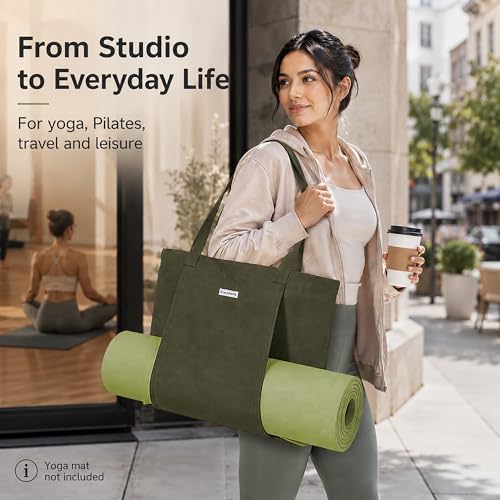 Yoga Mat Bag for Women, Pure Cotton Canvas Yoga Tote with Wet/Dry Pocket, Bottle Holder & Inner Zipper Pocket, Yoga Mat Carrier Bag for Pilates, Gym, Travel, Beach - color: Green