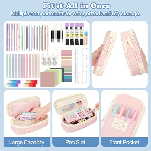 MoKo Pencil Case with Supplies, 60Pcs Aesthetic School Set, Pink | Includes highlighters, gel and ballpoint pens, mechanical pencils, refills, sticky notes, correction tapes and rulers. - color: Pink-60P