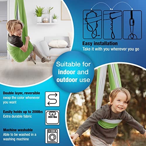 MINGLEWOOD Sensory Swing Bundle – 360° Swivel Hanger – Complete Set for Children – Special Needs: Anxiety, ADHD, Autism & Sensory Disorders - color: Green/Gray