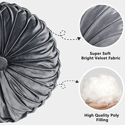 HIG Set of 2 Dark Gray Velvet Decorative Round Pleated Throw Pillows - color: Dark Gray
