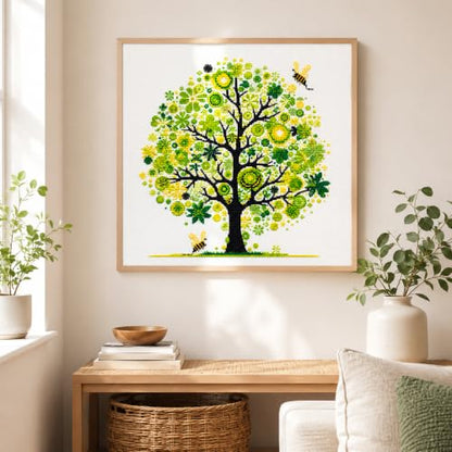 Zhenqing Green Tree of Life Stamped Cross Stitch Kit, 11CT Printed Peace Tree with Bees Pattern, 11.8 x 11.8 Inch DIY Embroidery Kit - color: Green Peace Tree