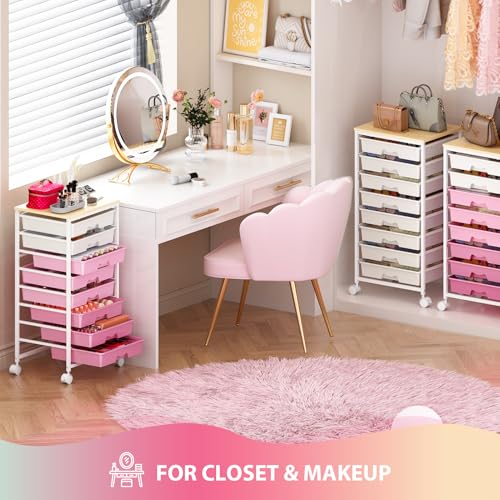 Goovilla Rolling Cart with 8 Drawers for Art, Dorm, Office, Craft, Pink | Utility Cart Organizer With 8 Removable Drawers and Wooden Tabletop, Lockable Rolling Storage Organizer for Classroom, Home - size: Pink