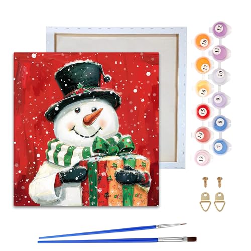 Reofrey Framed Paint by Numbers Kit for Adults & Beginner - 8x8 Inch Canvas Christmas Paint by Numbers - Snowman Educational & Creative Art Set for Beginners - Perfect for Home or Wall Decoration - color: red snowman