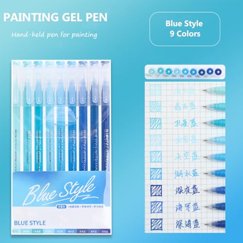 Gel Pens with 0.6mm Fine Point, 9 Colors Acrylic Drawing Gel Pen | Smooth Writing Pen Set for Journaling, Blue Style, Drawing Pencils for Adult Coloring Books - color: Blue Style