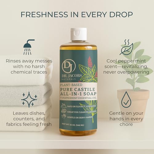 Dr. Jacobs Naturals Peppermint Castile All-in-One Cleaner and Soap - Plant-Based Formula for House Cleaning Floors and Appliances - Gentle on Skin and the Planet - 32 oz, 1 Pack - size: 32 Fl Oz (Pack of 1), style: Peppermint