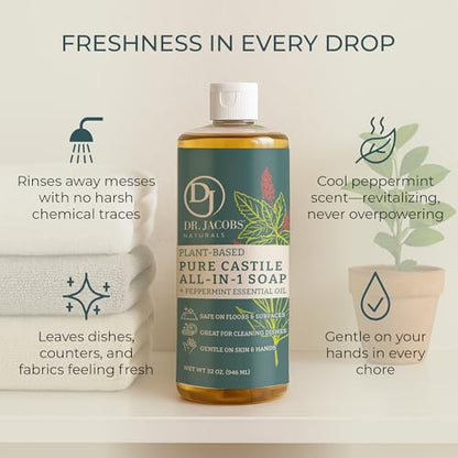 Dr. Jacobs Naturals Peppermint Castile All-in-One Cleaner and Soap - Plant-Based Formula for House Cleaning Floors and Appliances - Gentle on Skin and the Planet - 32 oz, 2 Pack - size: 32 Fl Oz (Pack of 2), style: Peppermint