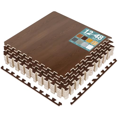 Sorbus Interlocking Wood Grain Foam Floor Tiles (12 Pack, Mahogany) | 3/8-inch EVA floor mats create cushioned foam flooring for playrooms, basements, apartments, trade shows and baby spaces. - color: Mahogany, size: 12 Pack