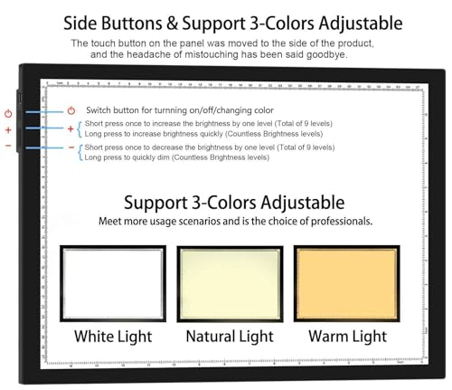 WELZK 5000mAh Rechargeable Diamond Art Light Board, Tracing Box Side Button | 5000mAh Battery, Side Buttons, 3 Color Temps 2800K-12000K, 10-Level Dimmable, 7-Level Stand, Smooth Surface - style: A3 3-Colors with Battery and Stand