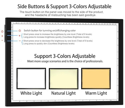 WELZK 5000mAh Rechargeable Diamond Art Light Board, Tracing Box Side Button | 5000mAh Battery, Side Buttons, 3 Color Temps 2800K-12000K, 10-Level Dimmable, 7-Level Stand, Smooth Surface - style: A3 3-Colors with Battery and Stand