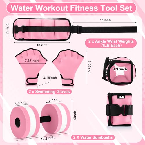 Hollowfly 6 Pcs Water Aerobics Equipment Set Full Body Pool Exercise Kit, 2 Aqua Dumbbells, 2 Adjustable Ankle/Wrist Weights, 2 Webbed Swim Gloves, Low Impact Aquatic Workout Gear - color: Pink, size: 1lb