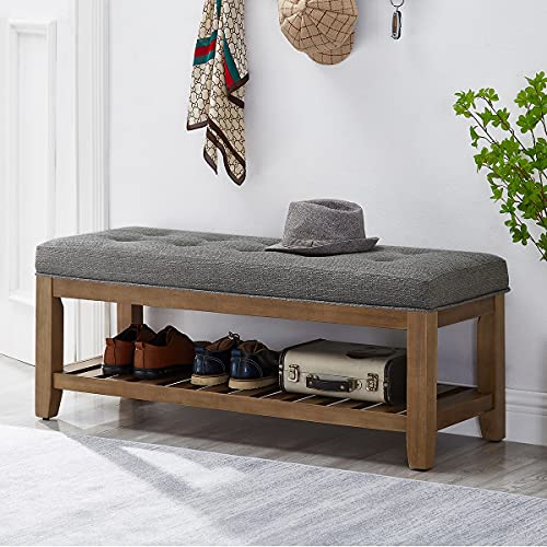 24KF Large Rectangular Upholstered Tufted Linen Fabric Ottoman Bench, Padded Bench with Solid Wood Shelf-Granite - color: Granite-bench, size: 15.8"D x 44"W x 18"H