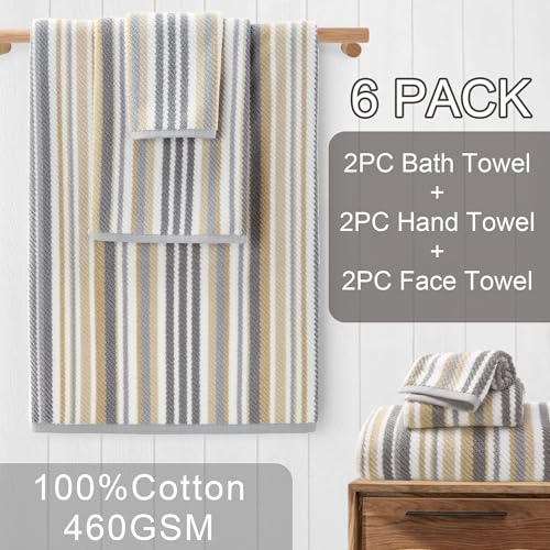 VOOVA & MOVAS Striped Towels 6 Pack, 100% Cotton, Gray Beige - color: Beige + Gray Striped, size: 6 PCS Bathroom Towels