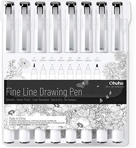 Ohuhu Fineliner Micro Drawing Pens: 8-size Tips (Ultra-fine, Fine & Brush) | Waterproof Pigment Black Ink for Illustration Drawing Journaling Sketching for Artist Beginners