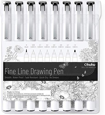 Ohuhu Fineliner Micro Drawing Pens: 8-size Tips (Ultra-fine, Fine & Brush) | Waterproof Pigment Black Ink for Illustration Drawing Journaling Sketching for Artist Beginners