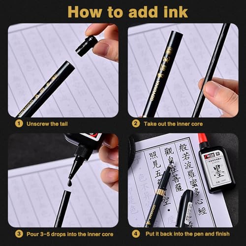 Maxmartt 3 Pcs Ink Pen Artist 3 Size Calligraphy Pen for Writing Drawing Chinese Japanese Calligraphy Shodo Brush Ink Pen Fineliner Pens Calligraphy Set for Beginners