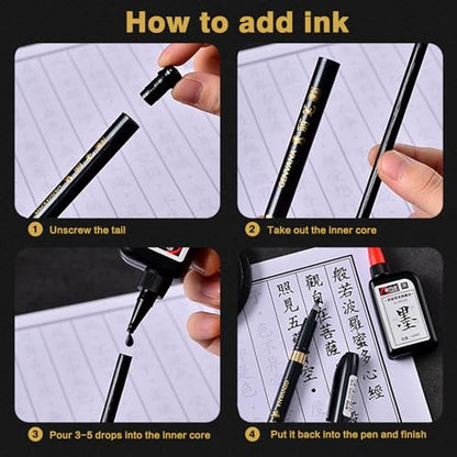 Maxmartt 3 Pcs Ink Pen Artist 3 Size Calligraphy Pen for Writing Drawing Chinese Japanese Calligraphy Shodo Brush Ink Pen Fineliner Pens Calligraphy Set for Beginners