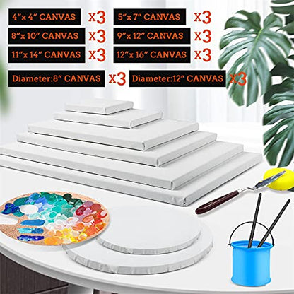 24 Pack Canvases for Painting with 4"x4", 5"x7", 8"x10", 9"x12", 11"x14", 12"x16", Round Canvas with 12"x12", 8"x8", Painting Canvas for Oil & Acrylic Paint. - size: 24 Packs - 8 Sizes (3 of Each)