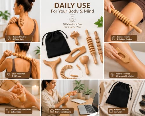7-in-1ct, Wood Therapy Kit for Lymphatic Drainage, Maderoterapia Wooden Massager, Anti Cellulite Body Sculpting Roller, Body Contouring Tool for Waist, Legs & Back