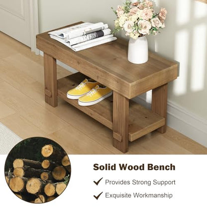 31.5" Solid Wood Bench, Small Farmhouse Narrow Storage Bench, Natural - size: 31.5"W