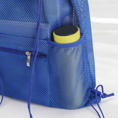 NATURAL STYLE Mesh Drawstring Backpack Bag, Gym Sports Bag with Zipper Pocket Bottle Holder, String Beach Bag for Swiming Travel (Blue) - color: Blue