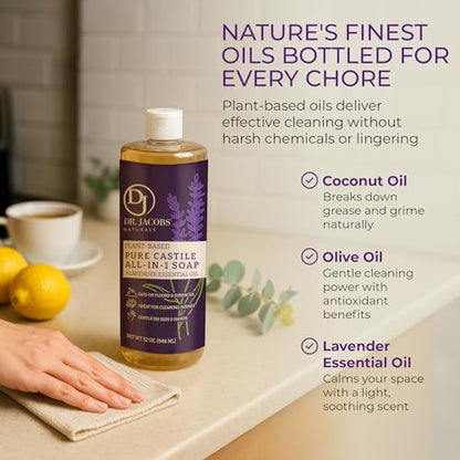 Dr. Jacobs Naturals Lavender Castile All-in-One Cleaner and Soap - Plant-Based Formula for House Cleaning Floors and Appliances - Gentle on Skin and the Planet - 32 oz, 2 Pack - size: 32 Fl Oz (Pack of 2), style: Lavender