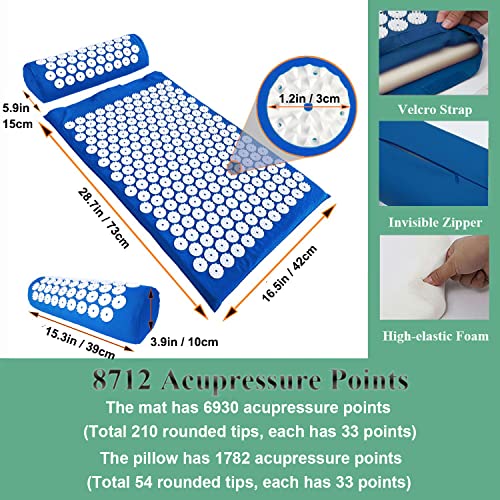 XiaoMaGe 28.7" Acupressure Mat and Pillow Set with Carry Bag (Blue) | Large acupuncture mat for neck & back pain relief, muscle relaxation, circulation support, and post-workout recovery - color: Blue