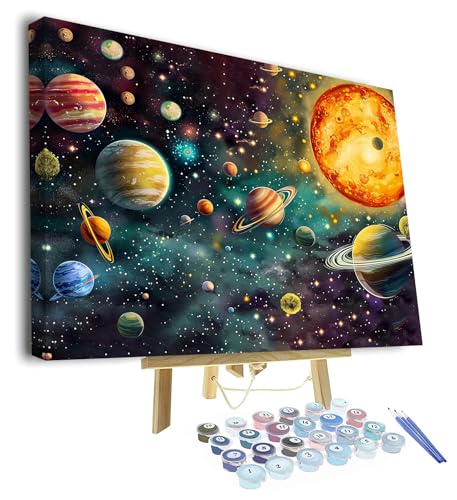 TUMOVO Paint by Numbers for Adults - Solar System Canvas Art & Glowing Planets Design, Adult Paint by Number Kits with Space Wall Decor, Color by Number Galaxy Craft Kit - 16"x20"(Framed) - color: Planets(Framed)