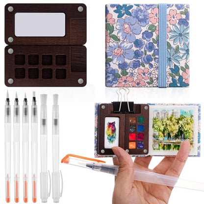 Qilery Mini Portable Watercolor Palette Set Wooden Grid Paint Box Watercolor Paper Sketch Book Brush Pens with Binder Clip for Painters Artist Not Include Paint(Summer Flowers) - style: Summer Flowers
