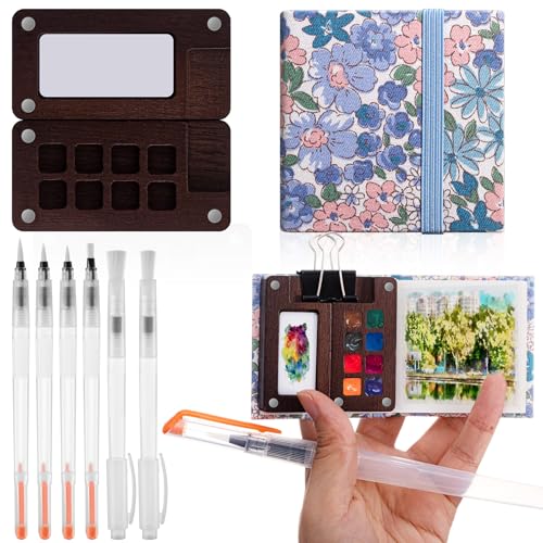 Qilery Mini Portable Watercolor Palette Set Wooden Grid Paint Box Watercolor Paper Sketch Book Brush Pens with Binder Clip for Painters Artist Not Include Paint(Summer Flowers) - style: Summer Flowers