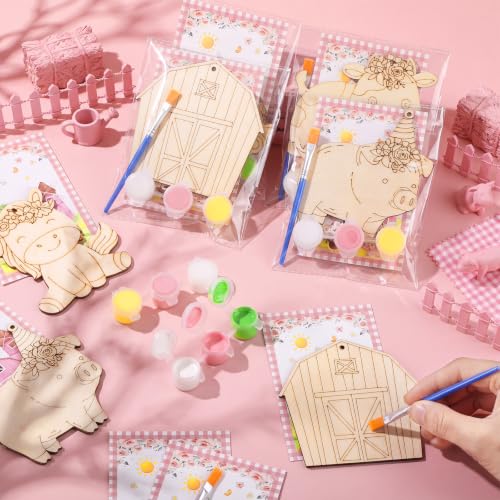 Saypacck 24 Pcs Party Favors Wooden Painting Craft Kits Birthday Party Supplies with Organza Bag for Goodie Bags Fillers Adult Thank You Gifts(Pink Farm) - style: Pink Farm