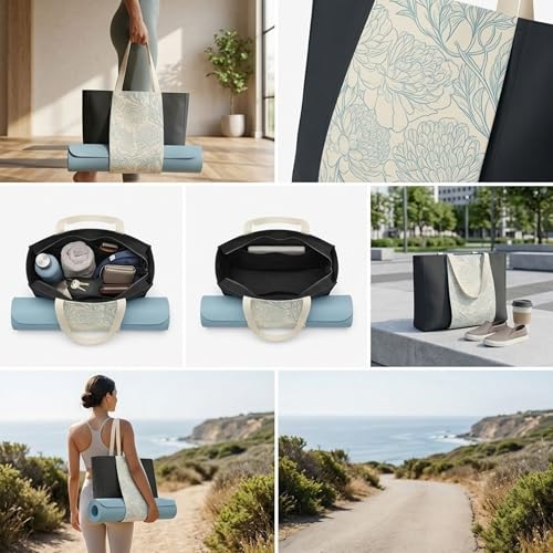 Large Canvas Yoga Tote Bag with Yoga Mats Bags Carrier Floral Eco Friendly Cotton Shoulder Bag for Pilates, Gym, Beach, Groceries & Travel YG12