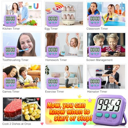 Antonki 2 Pack Digital Timer for Kids Classroom Kitchen Timers for Cooking | w/ Battery, Easy to View, Alarm, Mute Mode, Count Down/Up, Magnetic, Kickstand, Hanging, Classroom Timer for Teacher Supplies - color: Fresh Purple