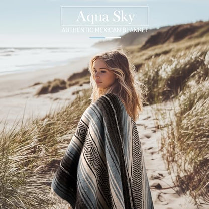 Hydration Nation Authentic Large Handwoven Mexican Blanket - Soft Yoga- Durable Serape- Lightweight Falsa, Beach, Camping, Picnic, Outdoor Blanket 70"x50" - Aqua Sky - color: Aqua Sky