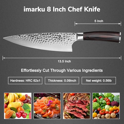 imarku 8 Inch Hammered Japanese Chef Knife,Powder Steel Edge Kitchen Knife | HC Stainless Steel,Anti-Stick Ultra Sharp Blade Cooking Knife,Ergonomic Pakkawood Handle,Professional Knife Gift - color: Silver